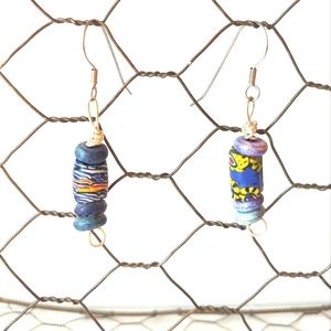 Vintage Earrings Handmade Trade Bead Jewelry African Beads Blue Yellow
